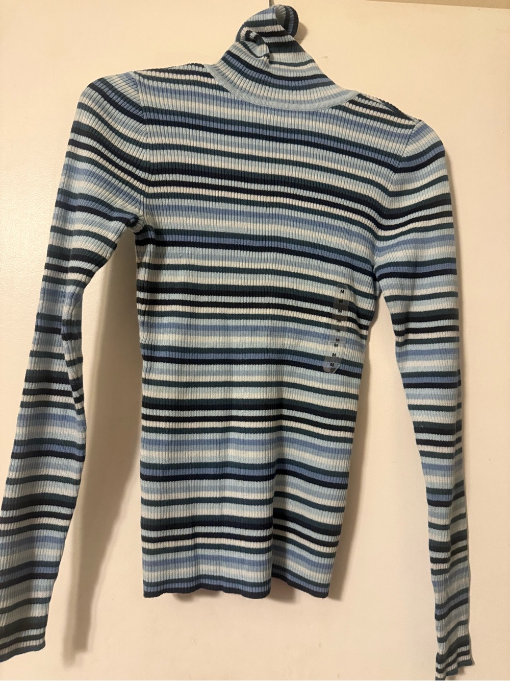 GAP Striped Light Blue Navy Gray Turtleneck Sweater